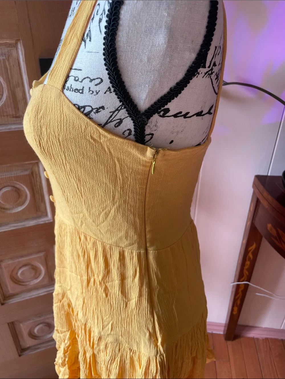 Forever 21 Yellow Button-Front Tiered Mini Dress with Square Neck